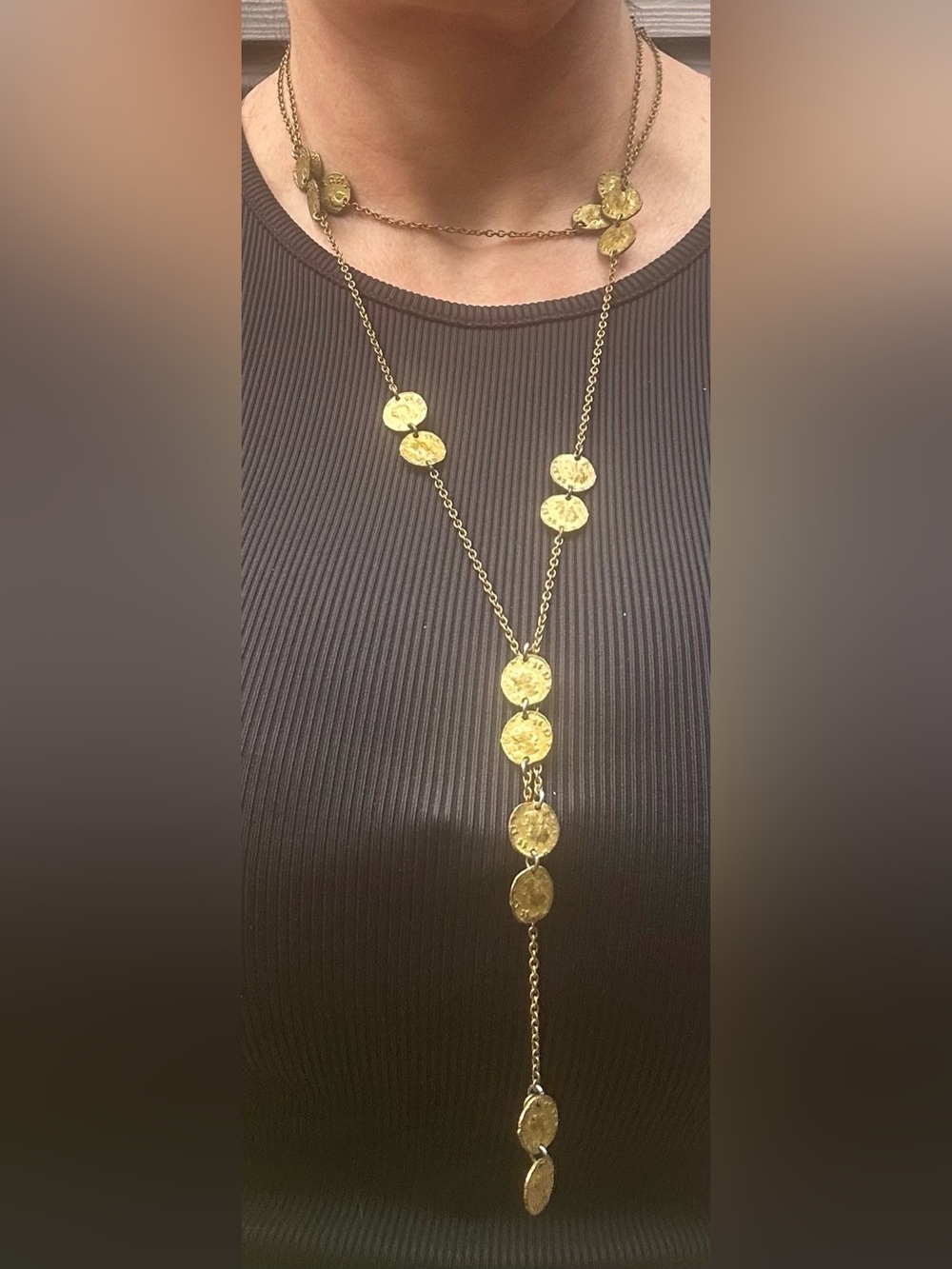 NWOT Tat2 Designs Hammered Coin Lariat Necklace in Gold